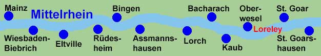 Rheinschifffahrt zwischen Mainz, Wiesbaden-Biebrich, Eltville, Rdesheim, Bingen, Assmannshausen, Lorch, Bacharach, Kaub, Oberwesel, St. Goar und St. Goarshausen an der Loreley.