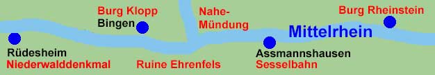 Rheinschifffahrt von Rdesheim, entlang Niederwalddenkmal, Bingen, Burg Klopp, Nahe-Mndung, Ruine Ehrenfels, Assmannshausen mit der Sesselbahn und Burg Rheinstein.