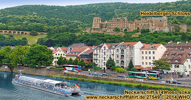Neckarschifffahrt entlang dem Heidelberger Schloss mit dem Solarschiff in Heidelberg. Foto von der Karl-Theodor-Brücke (Alte Brücke).