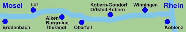 Moselschifffahrt zwischen Brodenbach, Löf, Alken, Burgruine Thurandt, Oberfell, Kobern-Gondorf Ortsteil Kobern, Winningen und Koblenz.