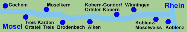 Moselschifffahrt zwischen Cochem, Treis-Karden, Ortsteil Treis, Moselkern, Brodenbach, Alken, Kobern-Gondorf, Ortsteil Kobern, Winningen, Koblenz-Moselweiss und Koblenz.