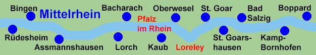 Rheinschiffahrt zwischen Rüdesheim, Bingen, Assmannshausen, Lorch, Bacharach, Kaub, Oberwesel, St. Goar, St. Goarshausen, Bad Salzig, Kamp-Bornhofen und Boppard.
