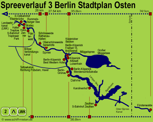 Spreeverlauf 3 Berlin Stadtplan Osten Schiffsanlegestellen Treptow Stralau Oberschöneweide Köpenick Grünau Zeuthen Anlegestellen